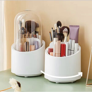 360° Rotating Makeup Brush Storage Box Portable Desktop Cosmetic Organizer Used